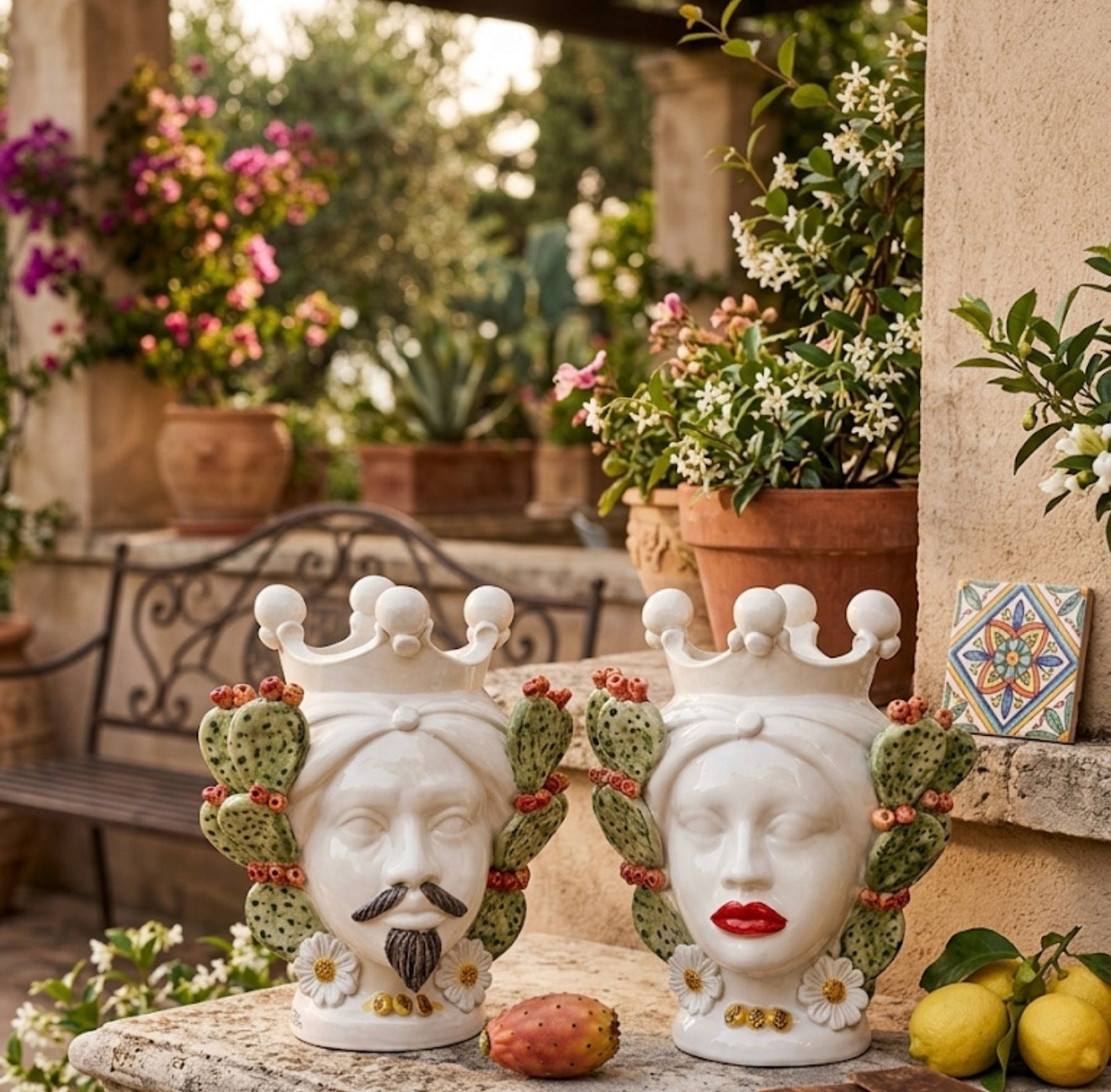 Coppia di Teste di Moro in ceramica siciliana dipinte a mano, con decoro di fichi d'India e margherite, altezza 30 cm