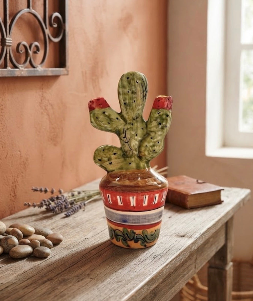 Fico d’India in ceramica dipinto a mano con base arancione e nera