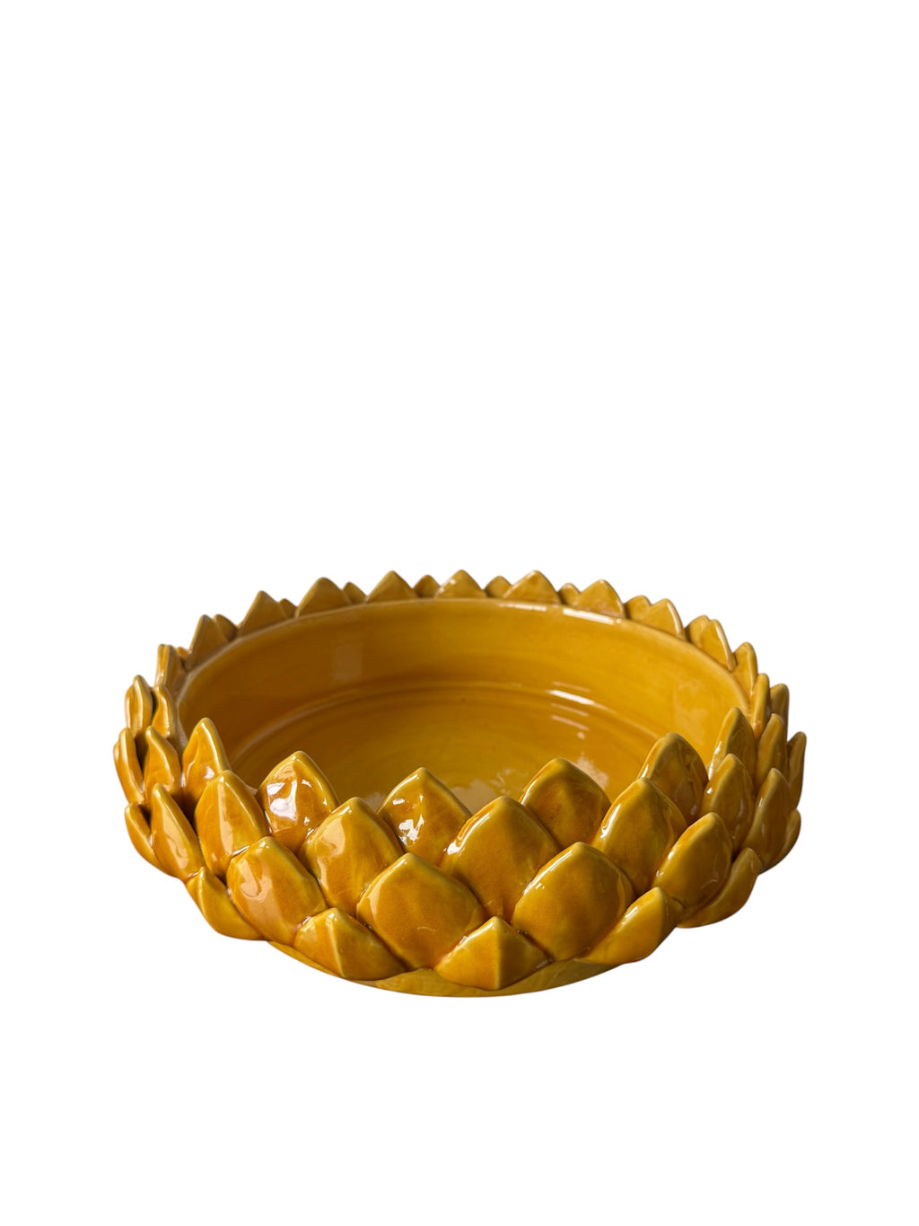 Centrotavola Botanico Giallo Ocra – vista completa della ceramica smaltata fatta a mano a Monreale