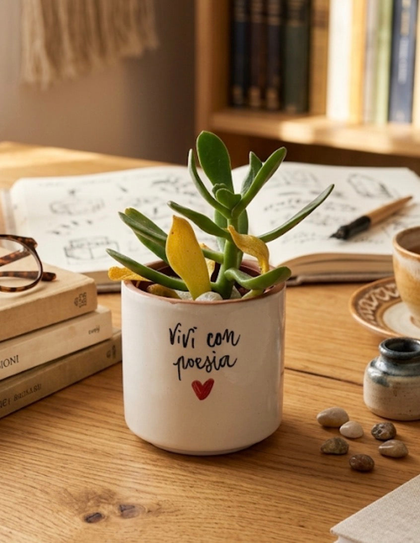 Vasetto in ceramica decorato a mano con frase e pianta grassa, idea regalo artigianale Ceramiche Ro&Mar