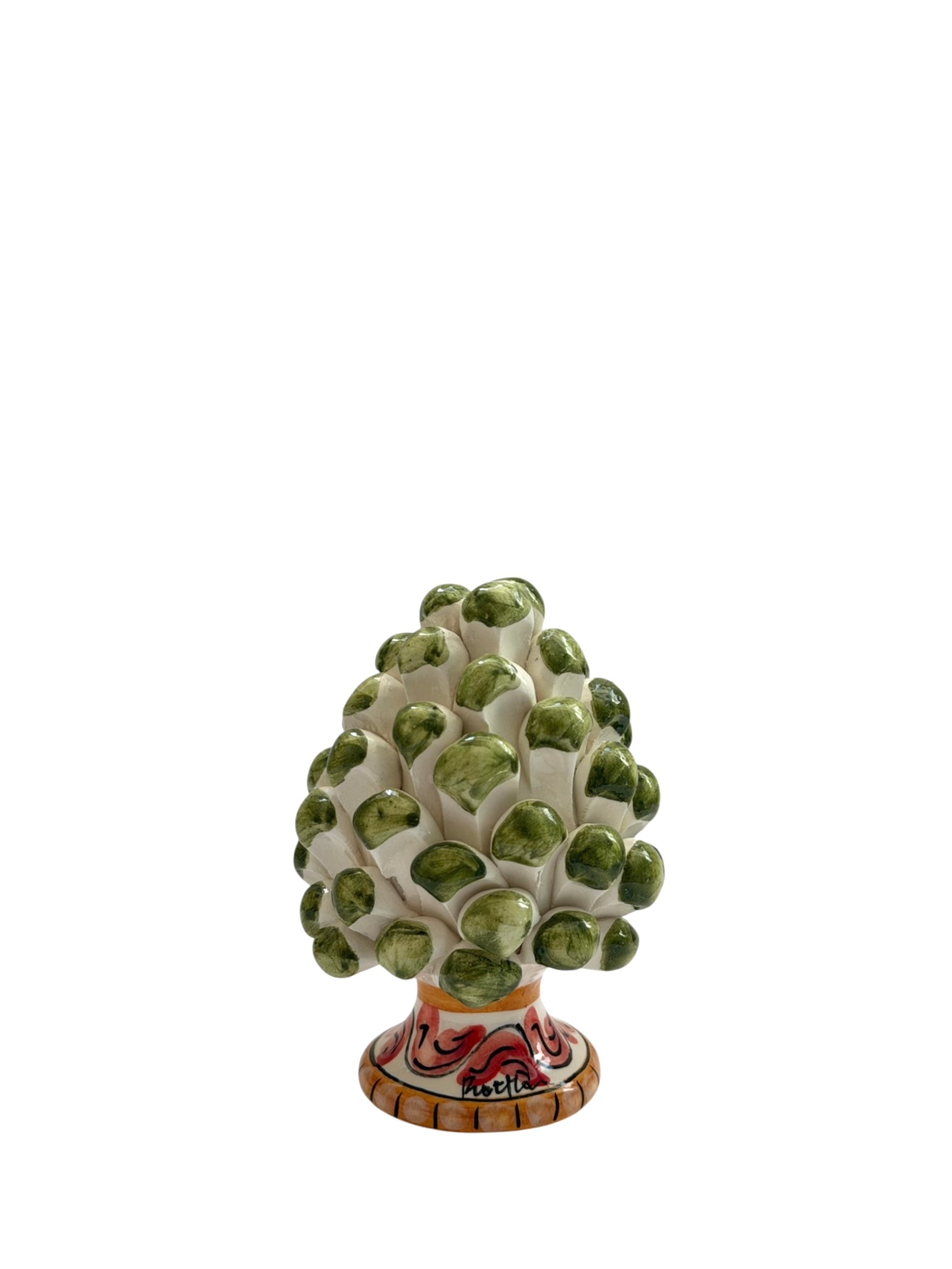 Pigna siciliana in ceramica verde oliva su base decorata, bomboniera matrimonio