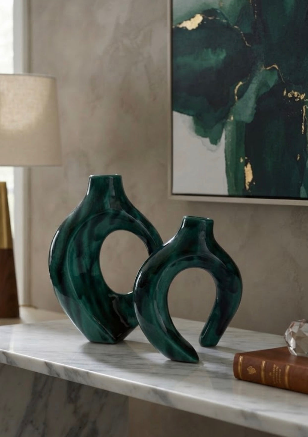 Set di due vasi scultorei in ceramica verde petrolio Onda Verde