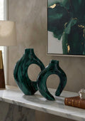 Set di due vasi scultorei in ceramica verde petrolio Onda Verde