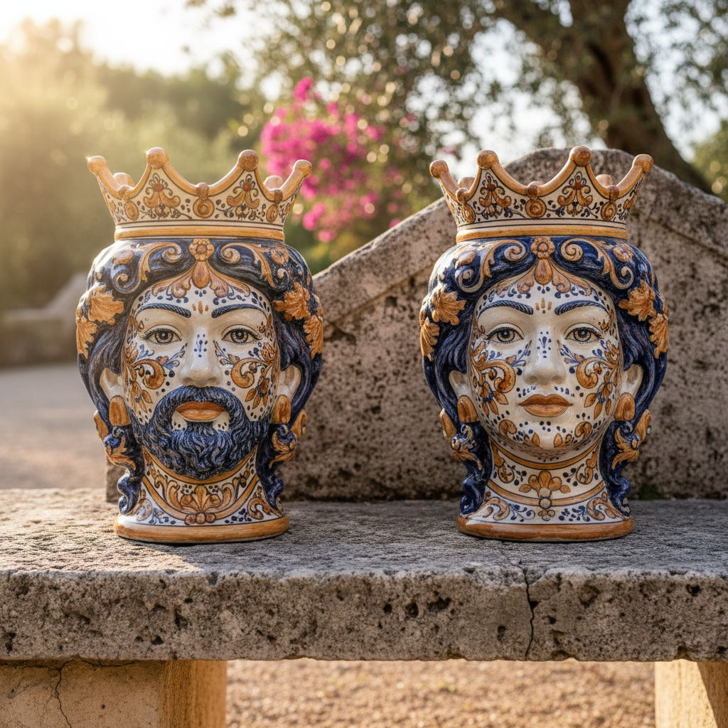 Coppia di Teste di Moro in ceramica siciliana dipinte a mano con motivi floreali